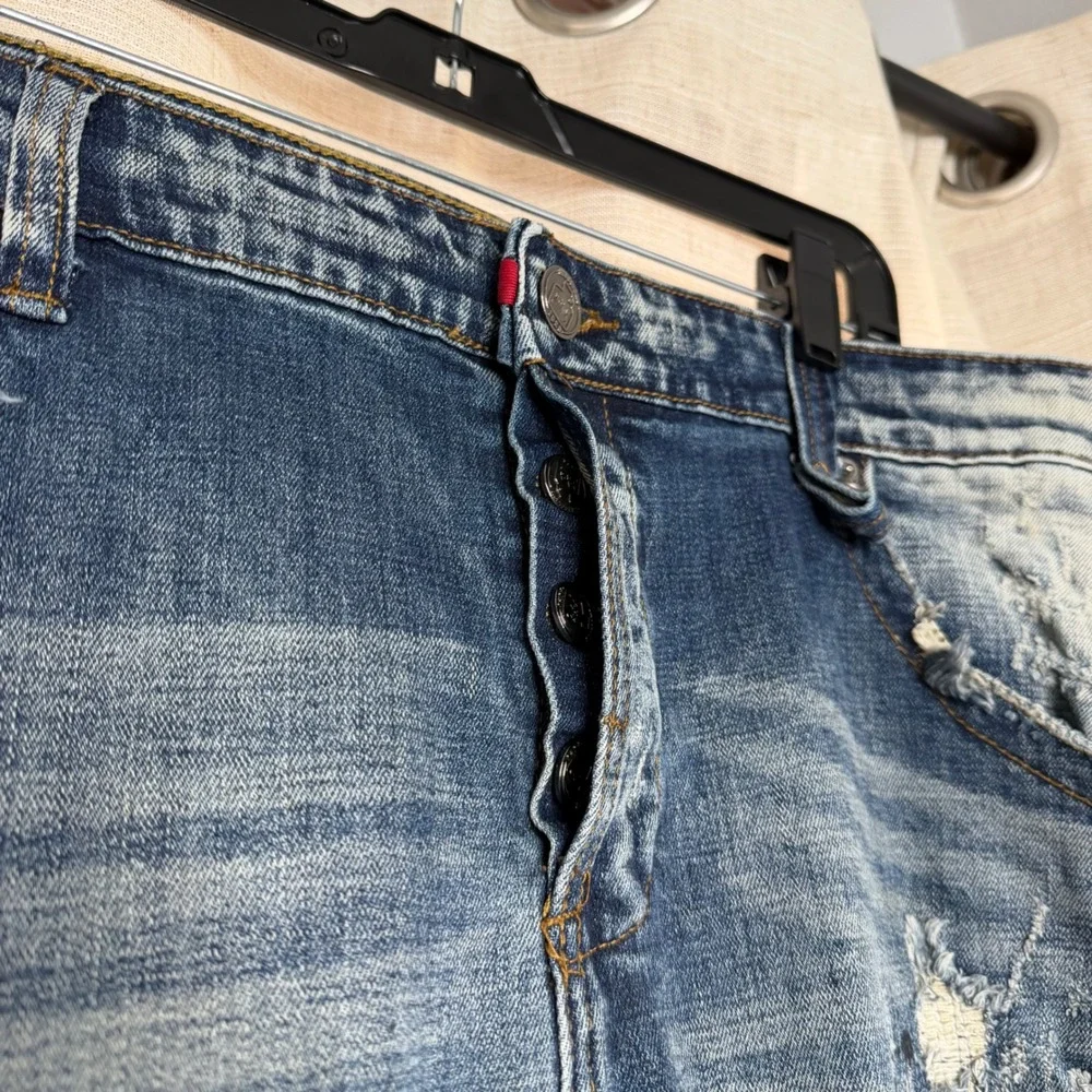 Smugglers Moon Distressed Ripped Paint Splatter Blue Jeans Button Fly Mens 42x33